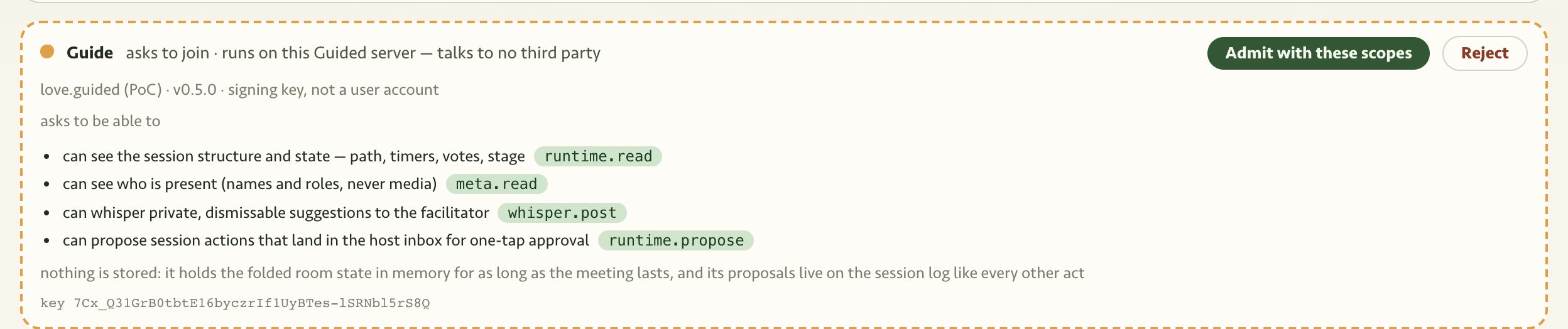 An agent's admission card at the room door: plain-language scopes with admit and reject buttons.