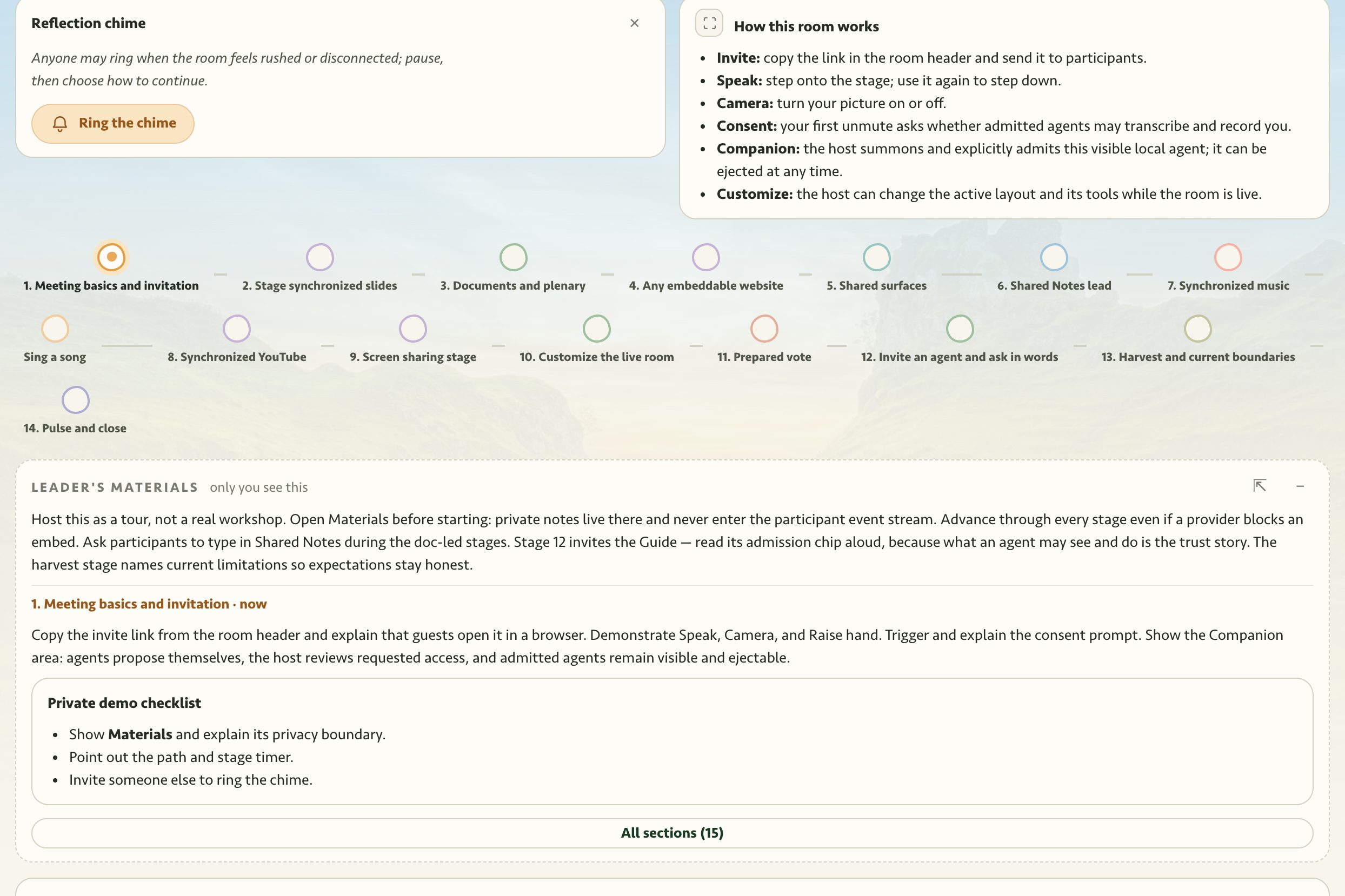The host-only materials panel below a prepared meeting path in Guided.