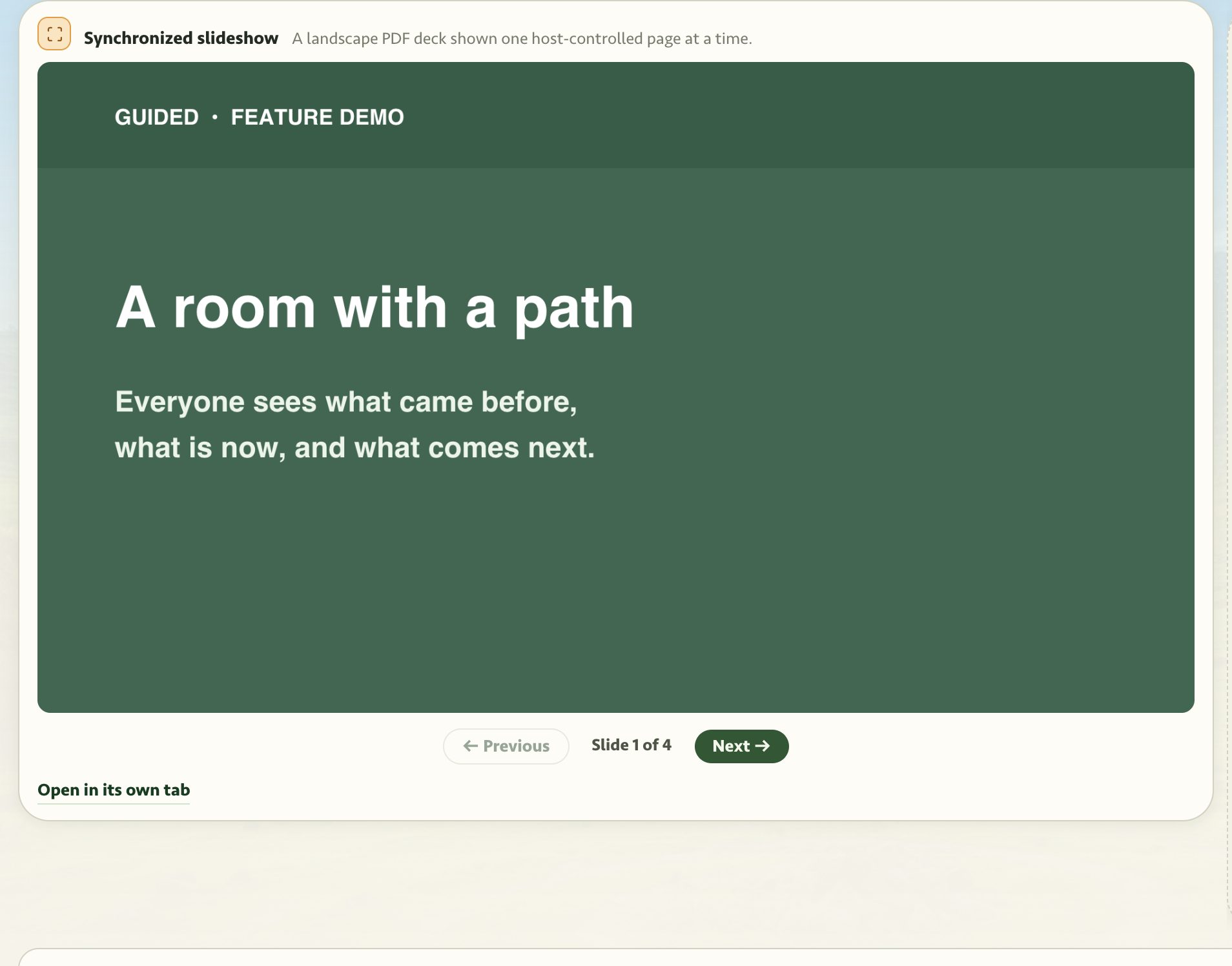 A synchronized slide deck staged in a Guided room with host controls.